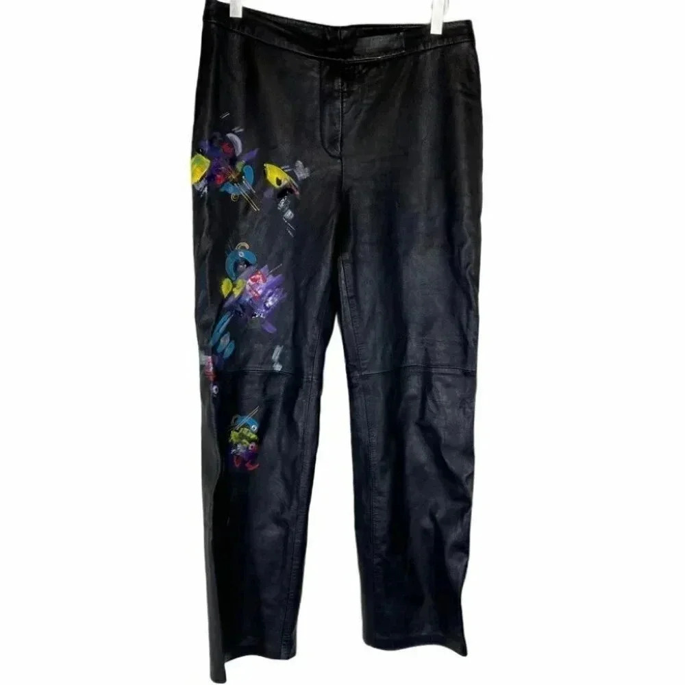 Vintage Black leather lined &‎ floral hand painted artsy pants 12 Whimsigoth Y2K